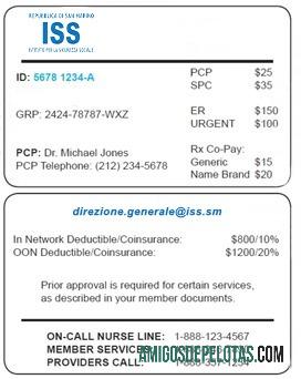 Cartão de seguro saúde de San Marino exemplo